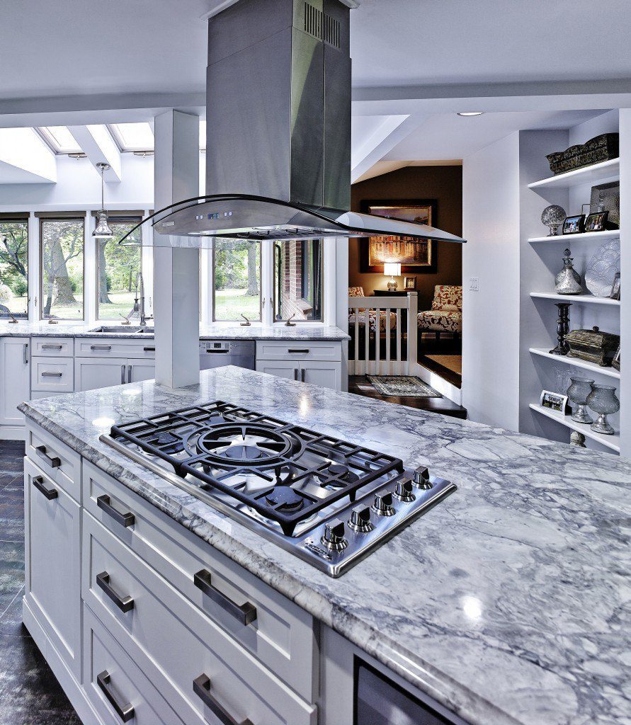 Close up of the kitchen range and vent on the island. 2014 CotY Award winning Lafayette Hill kitchen