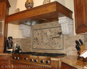 Decorative wooden hood around range with backsplash 