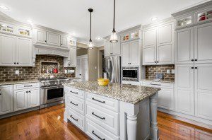 kitchen with small white island 