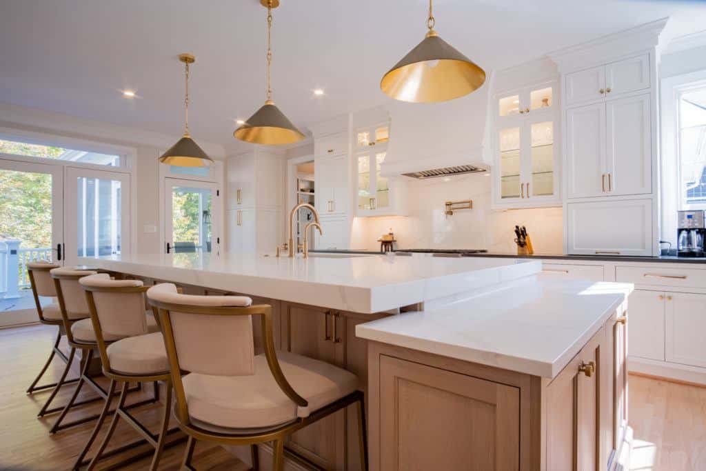 white modern kitchen with multilevel island