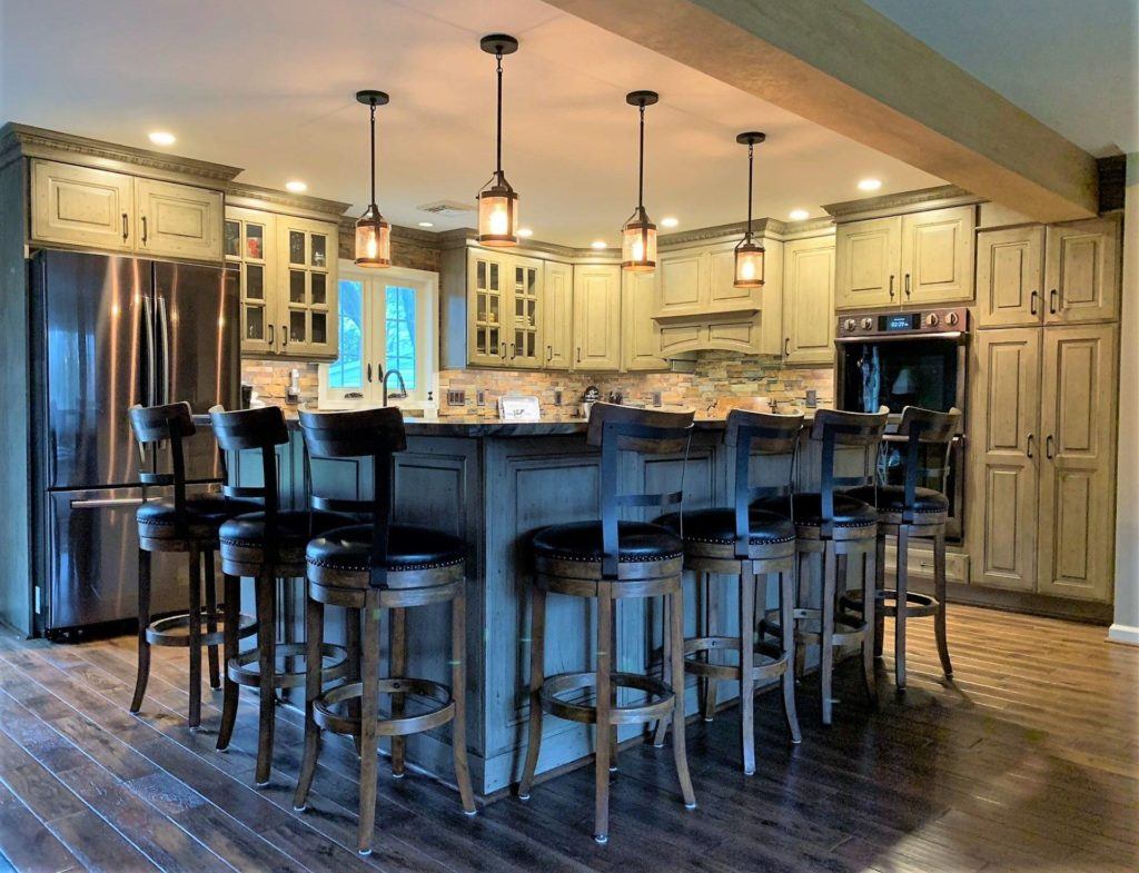 large kitchen and island with a lot of seating