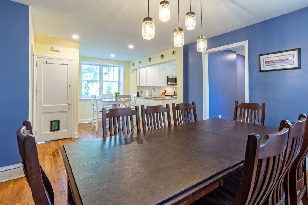 dining room table with view of kitchen 