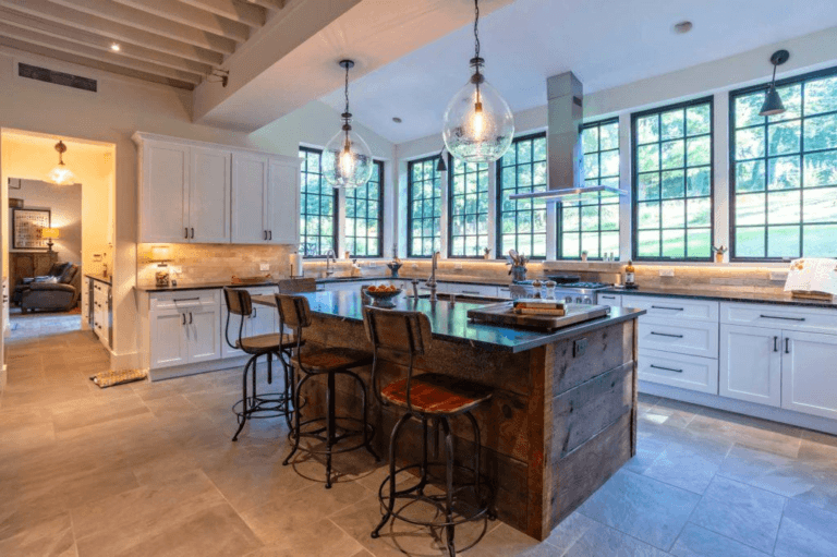 Rustic kitchen island with bar seating in Villanova, PA.