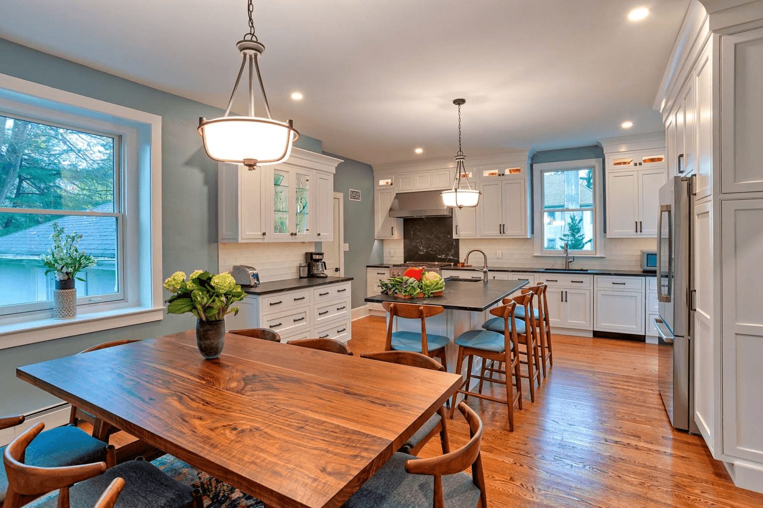 Wayne PA Kitchen. Island kitchen with soapstone top.