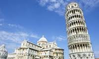 building constructed unevenly. Leaning tower of Pisa. Construction mistake?