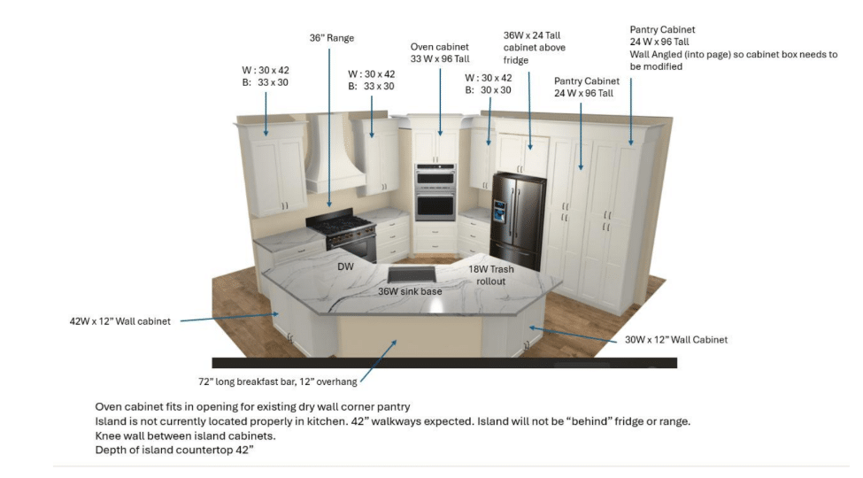 Islands with angles are bad. Ovens in corners are also bad design ideas.
