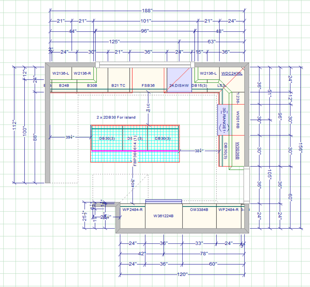 Olga's layout with Island as a design feature. Way too tight