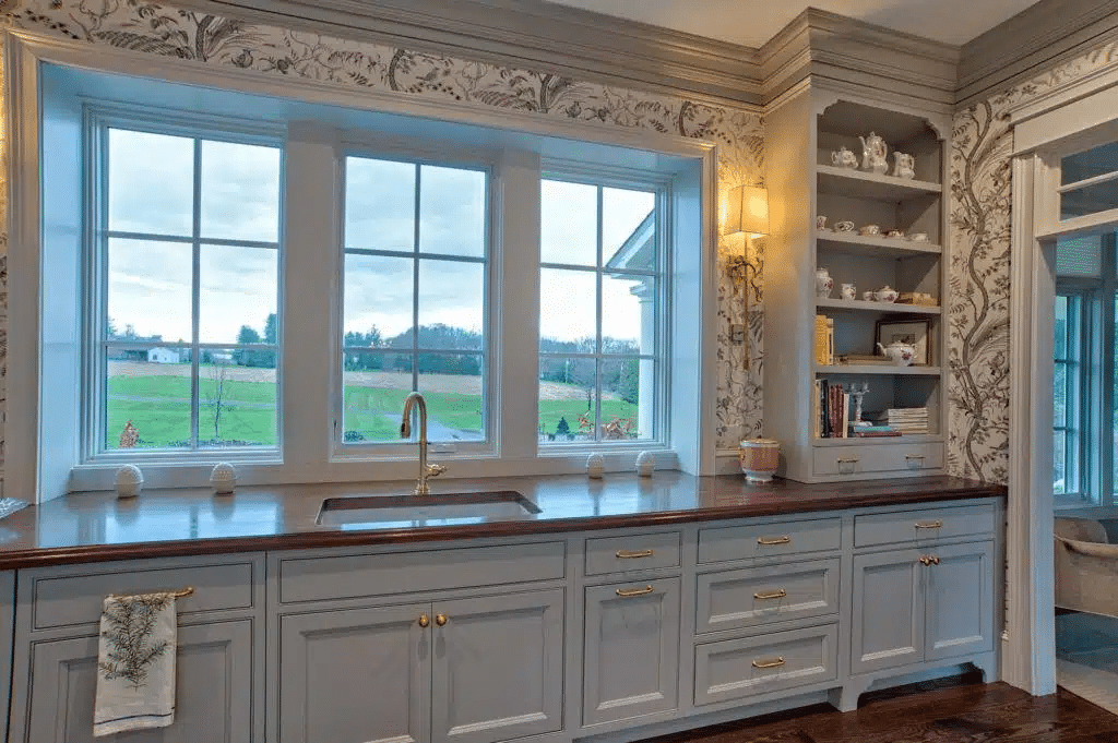 Picture shows Beaded Inset Brighton Cabinetry in a butler's pantry. Brighton gets great cabinet reviews. 