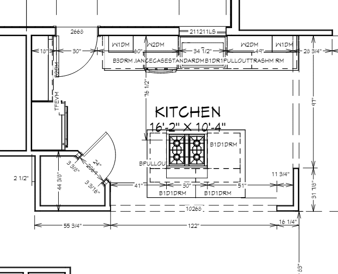 Kitchen Floor plan. Paul recommends having a general contractor remove the pantry walls and run a longer beam between the left and right kitchen walls.