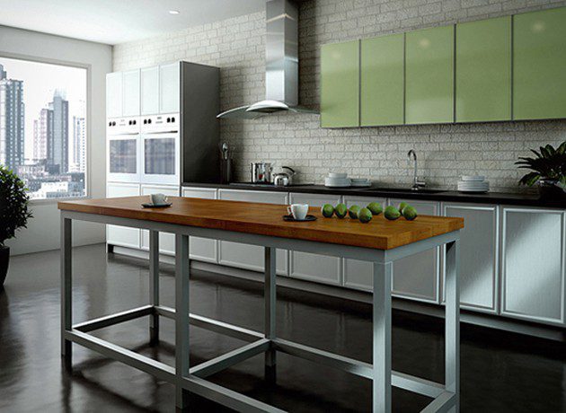 modern green kitchen with long table