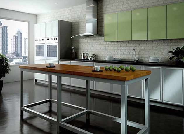 modern green frameless kitchen with long table 